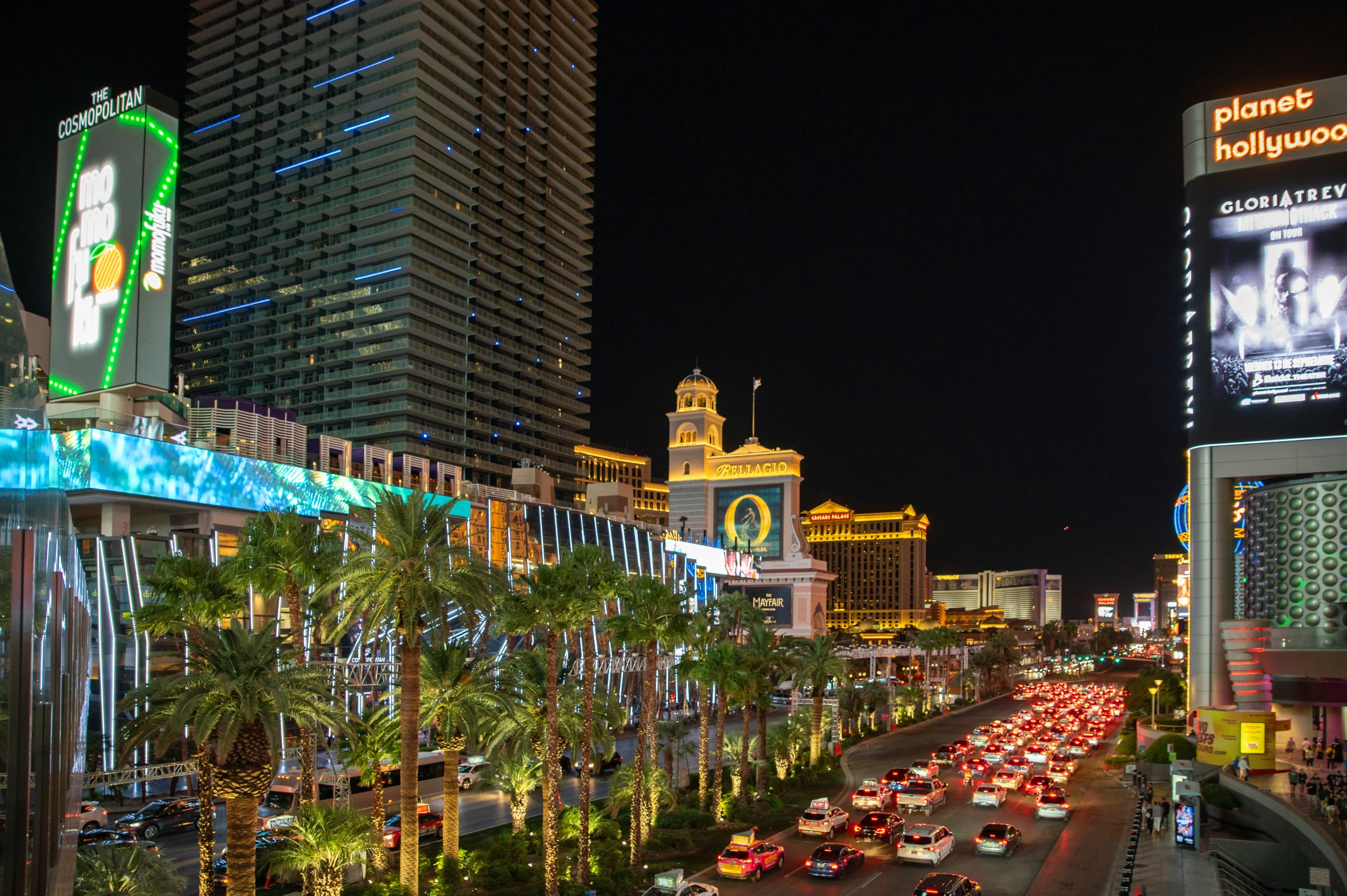 Las Vegas strip with bright lights and buildings